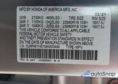 2021 Honda Cr-V Ex z USA, uszkodzony, nr VIN 5J6RW1H51MA003446